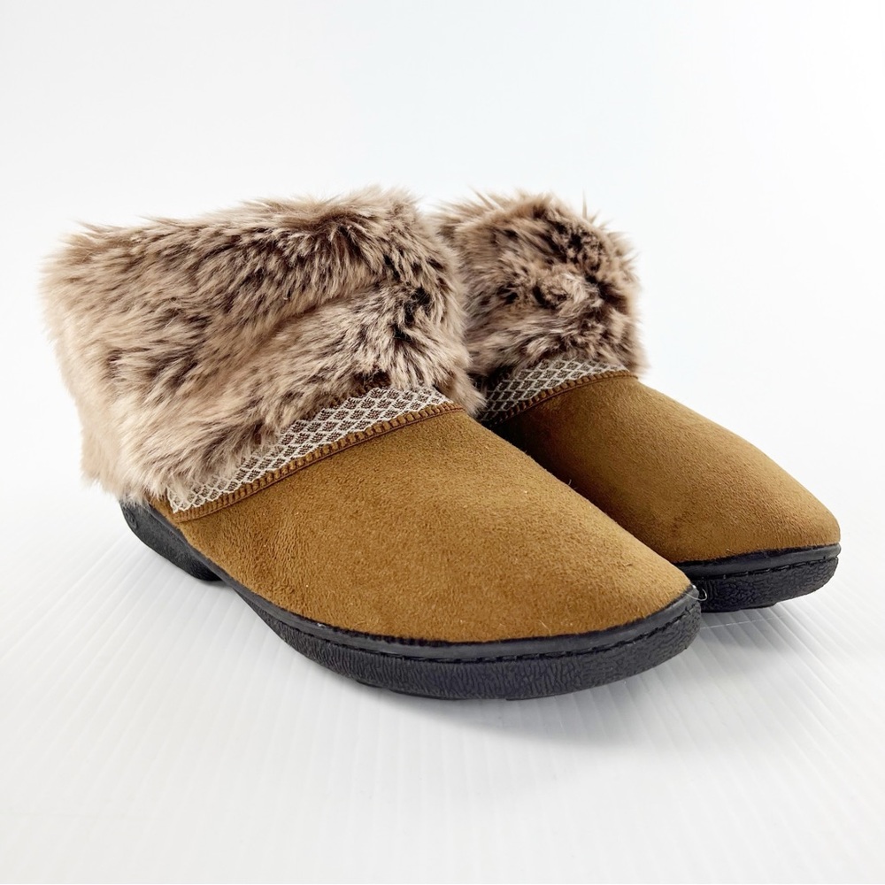 Isotoner Brown Suede Faux Fur Ankle Bootie Slippers Shoes